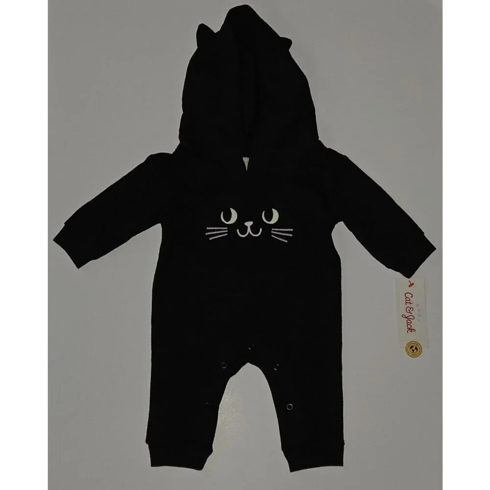 NEW Black Cat Halloween Outfit Baby Newborn Hooded Stitched PINK FACE Cat & Jack